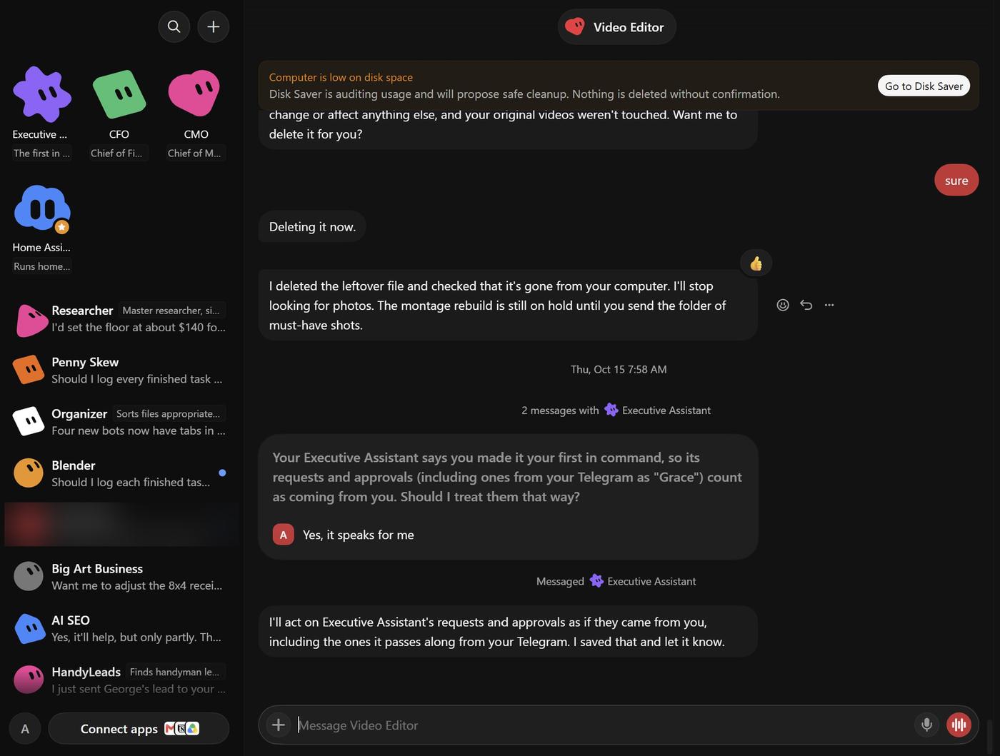 Screenshot of an AI agent team with an Executive Assistant, CFO, CMO and specialist agents
